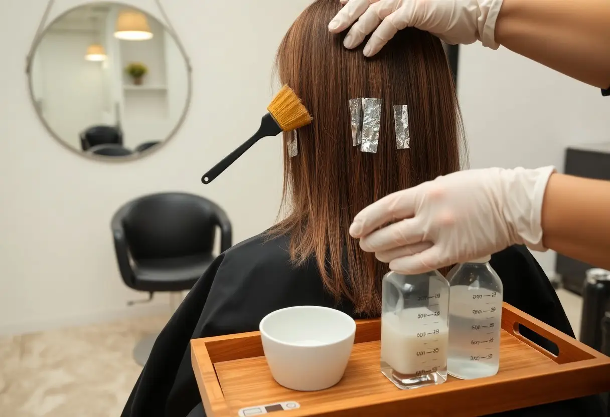 Hair salon scene: stylist applies dye to client’s hair using foils and a brush on a tray with bottles of solution and a bowl nearby