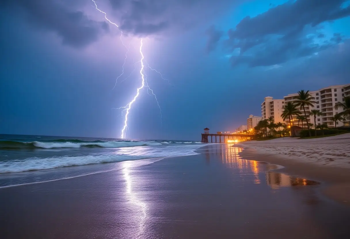 Lightning strikes the ocean near a beachside pier as waves roll in and palm-lined hotels glow along the shore at dusk/dusk.