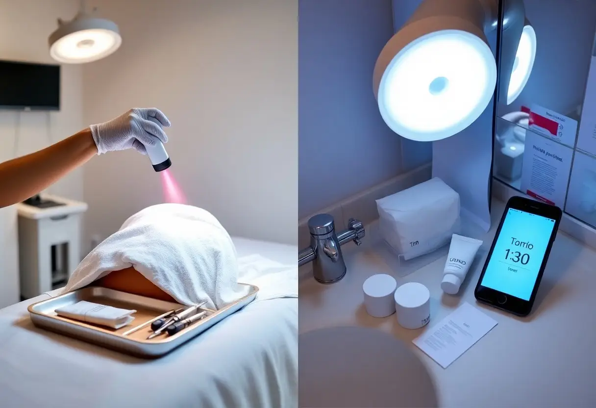 Left panel shows a clinician in glove directing a pink laser beam at a patient’s back under a towel on a treatment table; right panel shows a bathroom counter with skincare products, tissue box, and a smartphone timer displaying 1:30.