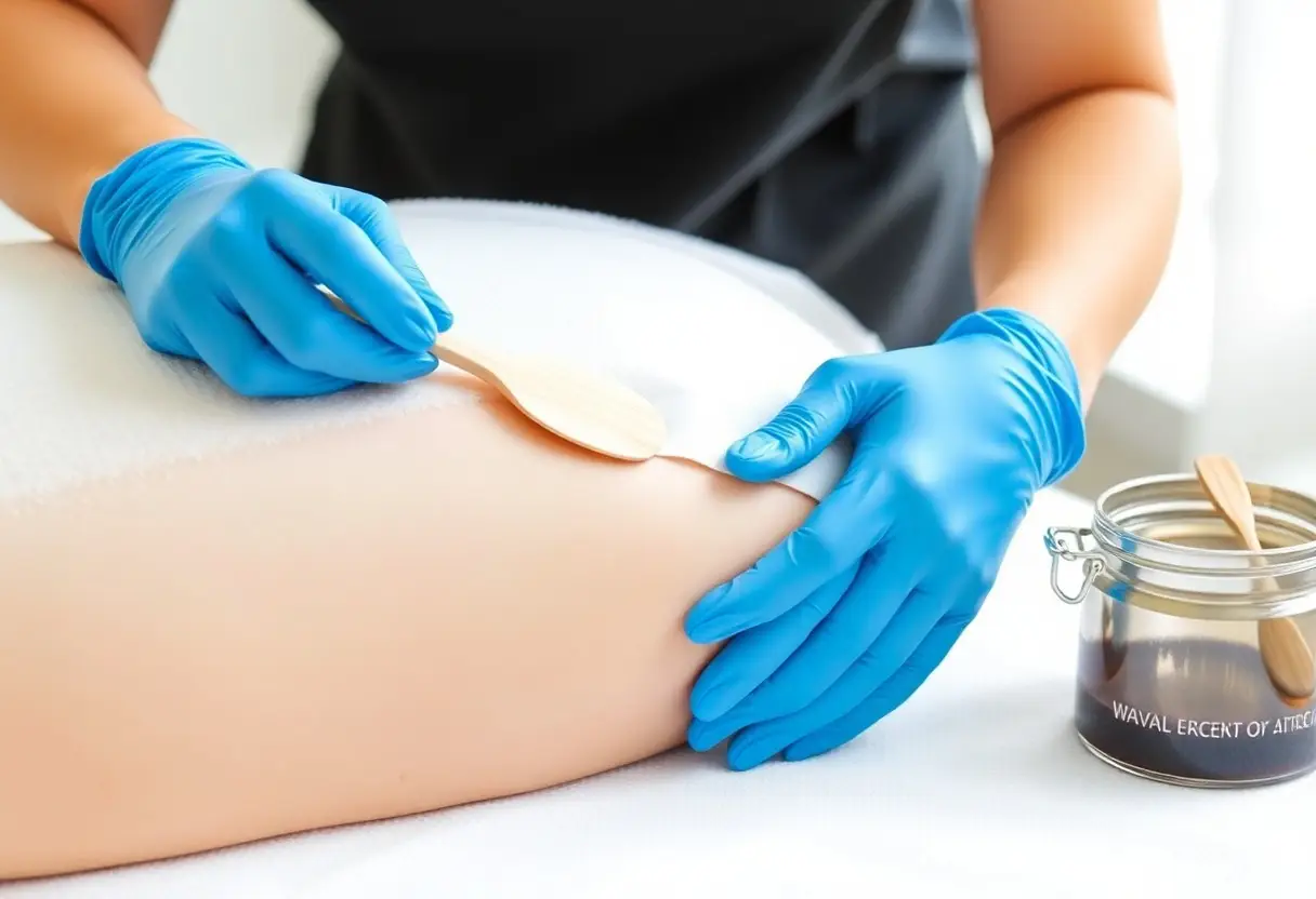 Close-up of gloved hands applying a wax strip to a leg during a waxing procedure.