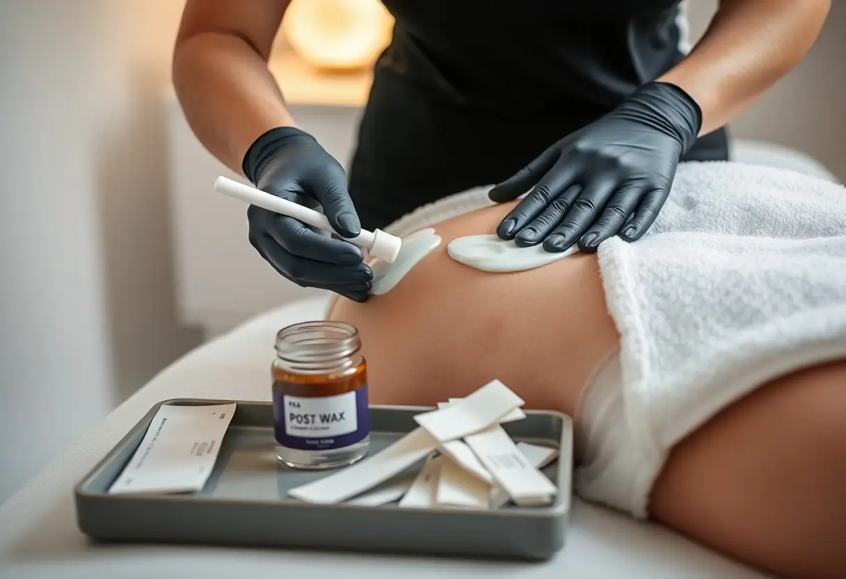 Esthetician wearing gloves applies warm wax to a client’s leg, prep includes a jar labeled Post Wax and wax strips on a tray nearby.