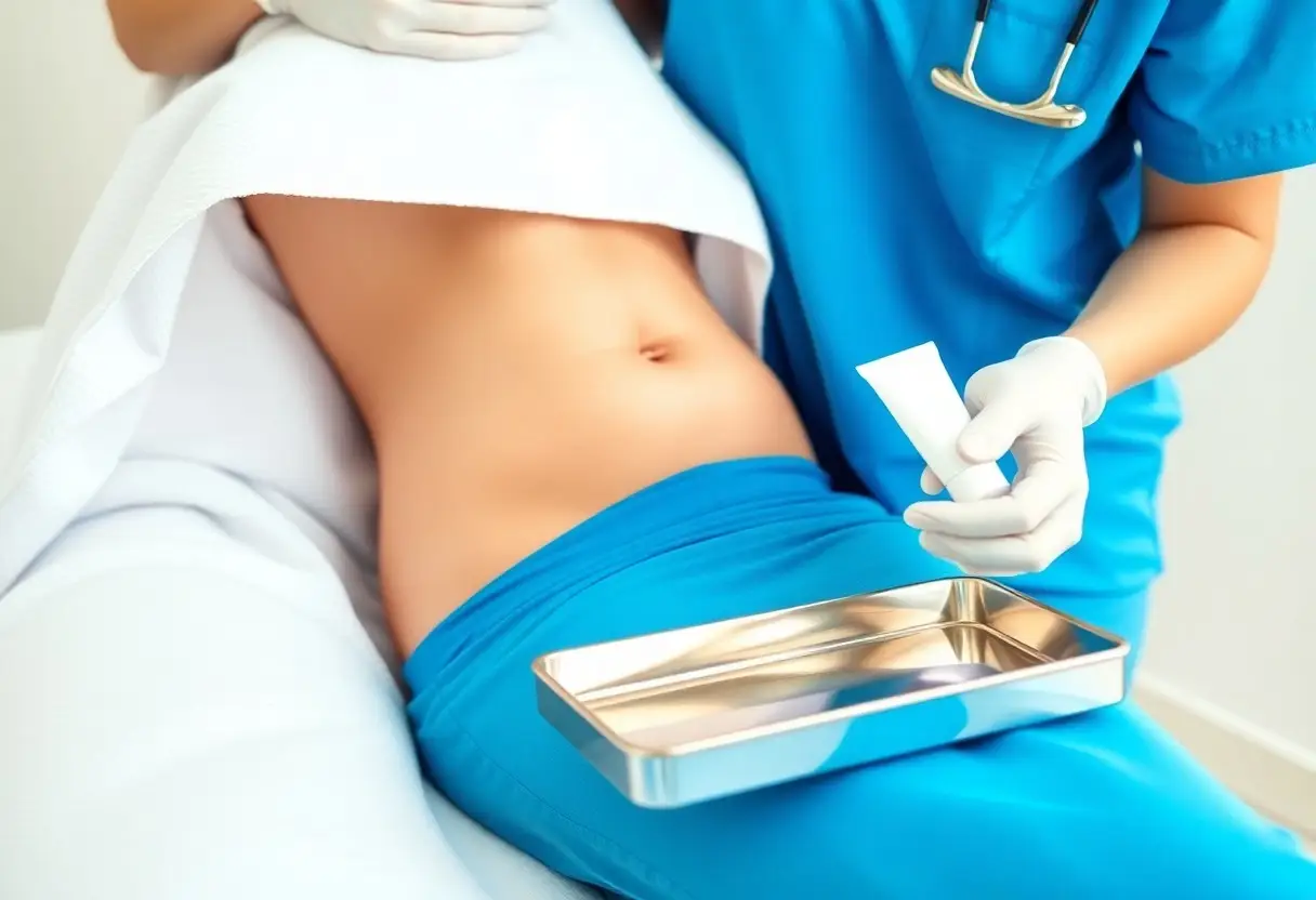 Medical professional in blue scrubs applies cream to a patient’s bare abdomen, with a metal tray nearby on their lap.