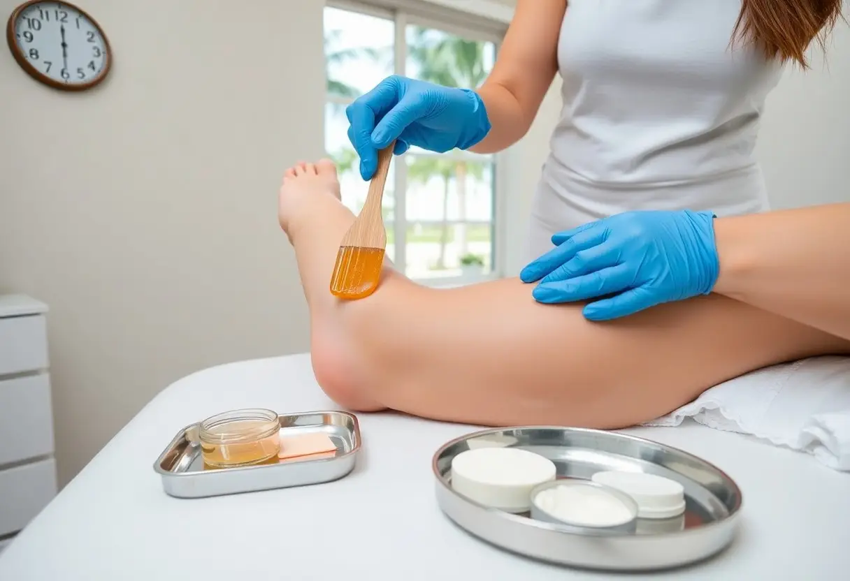 Gloved therapist applying wax or oil to a bare foot with a brush during a pedicure or spa treatment