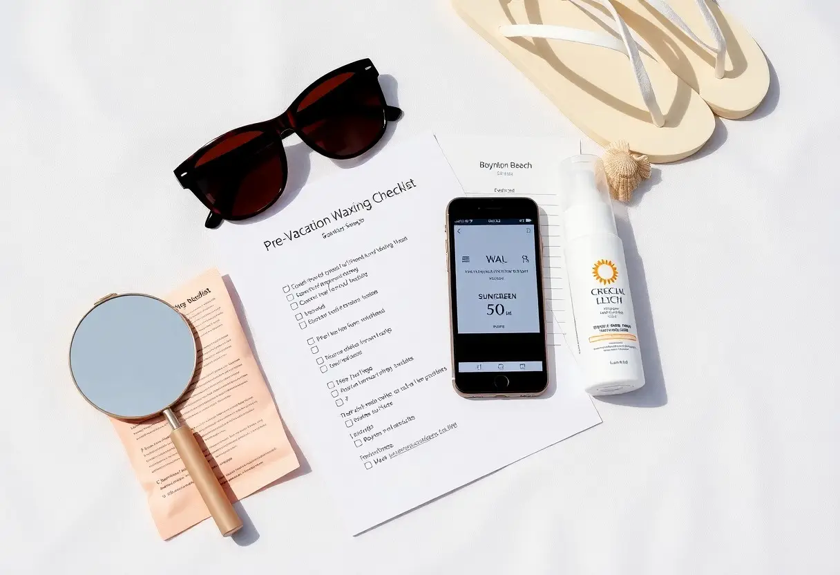 Flat lay of a beach prep scene: sunglasses, flip-flops, a Pre-Vacation Waxing Checklist, sunscreen, a mirror and a smartphone on white surface for travel planning.
