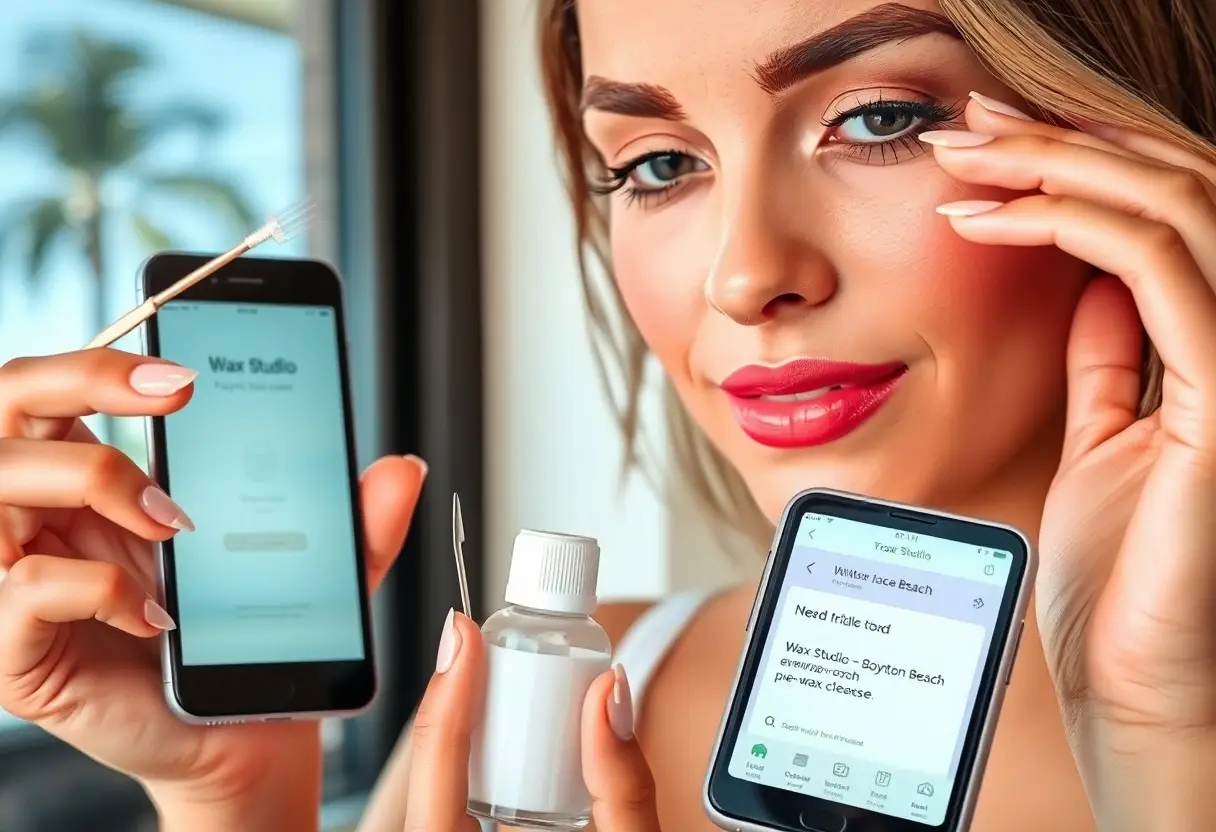Smiling beauty client at a salon holding a bottle and two smartphones displaying the Wax Studio app screens for waxing services.
