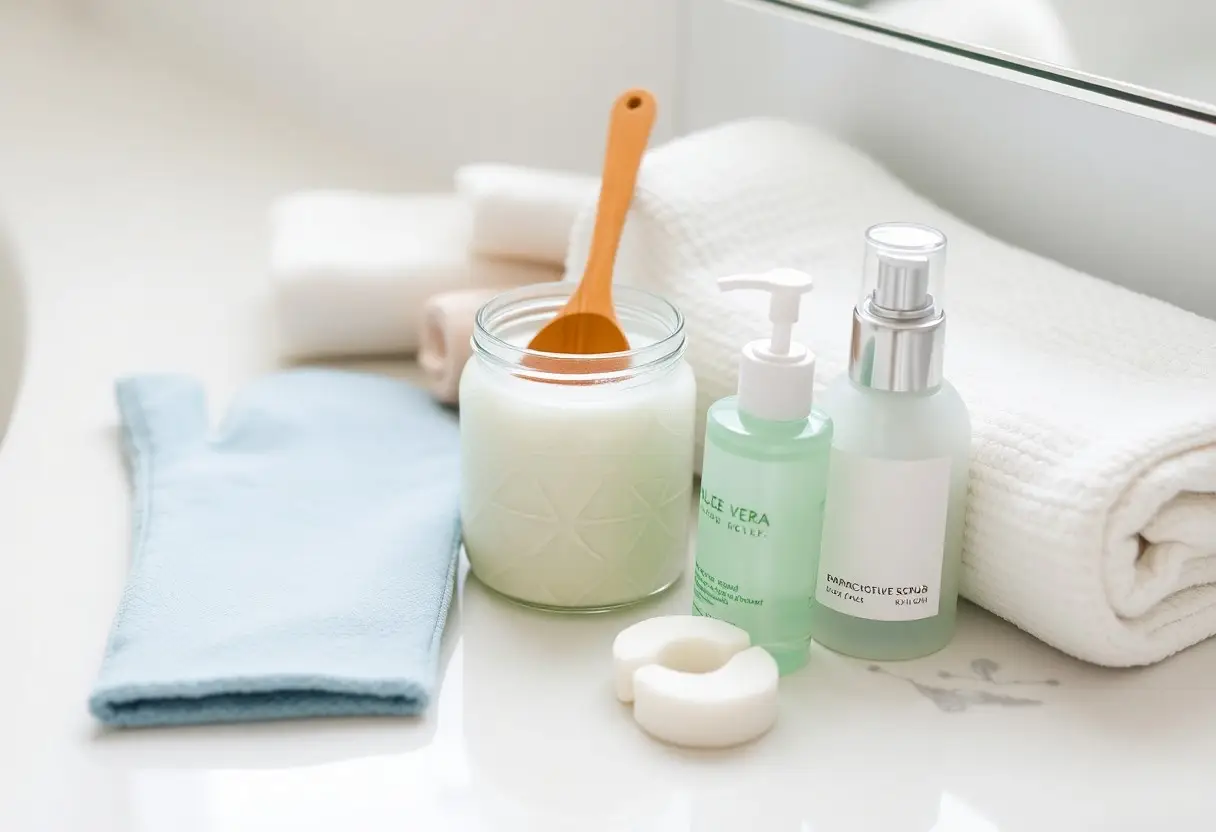 Skincare setup on a white bathroom counter: lotion in a glass jar with a wooden spoon, two pump bottles, a rolled towel, and a blue cloth.