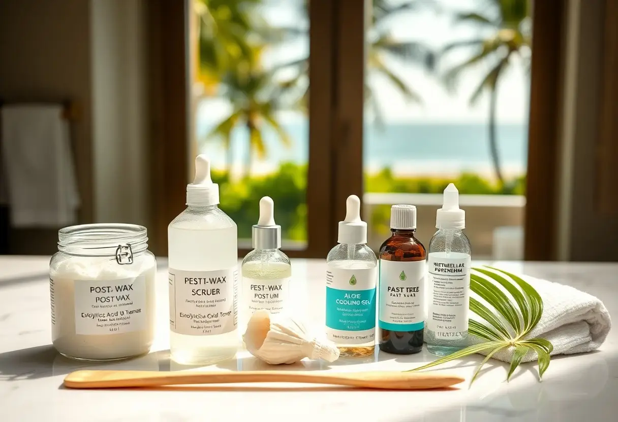 Spa skincare set on a marble counter with jars and dropper bottles, a seashell, palm leaf, and towel; beach view visible outside the window.