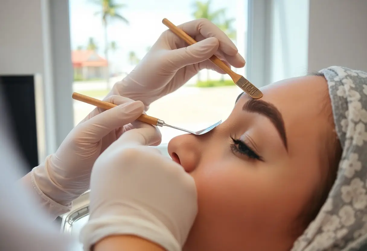 Beauty professional in gloves shaping the client's eyebrows with a brush and spatula close to the eye.