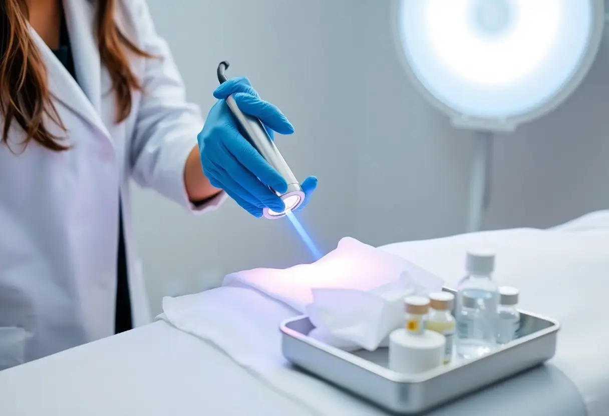 Medical professional in blue gloves uses a laser on a patient’s skin during a cosmetic procedure, with supplies on a tray nearby.