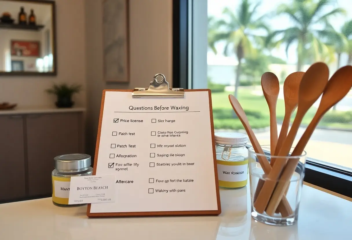 Clipboard with 'Questions Before Waxing' checklist on a table beside jars of wax and wooden spatulas near a sunlit window.