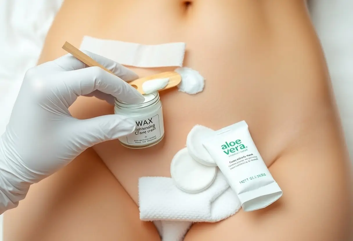 Gloved hand holding a wooden spatula over a jar of wax on a bare abdomen, with aloe vera cream and cotton pads nearby.