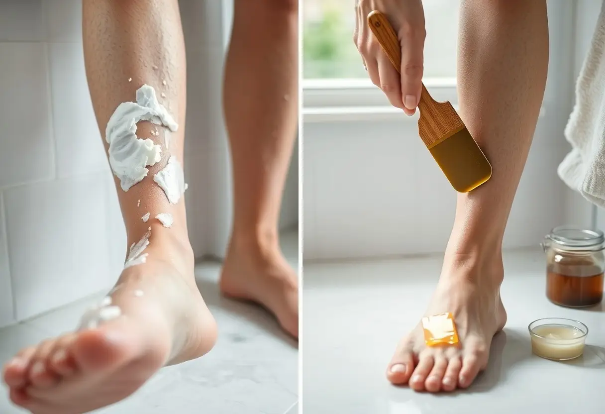 Left: leg with white cream being applied to the shin above the ankle in a bathroom. Right: person applying warm wax with a wooden spatula on the lower leg, with a wax strip on the foot and jar nearby.