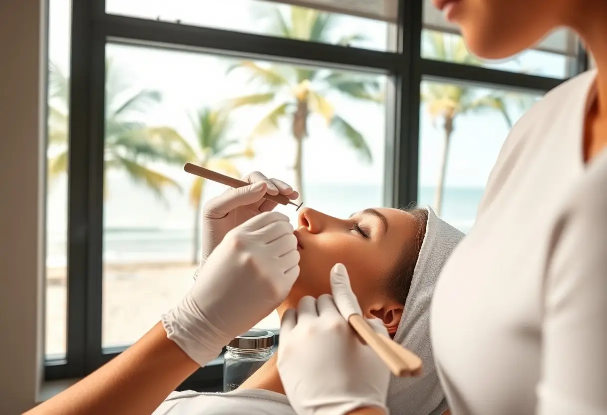 Cosmetic clinician in gloves performs a nose piercing on a woman reclining in a spa-like room by a ocean-view window.