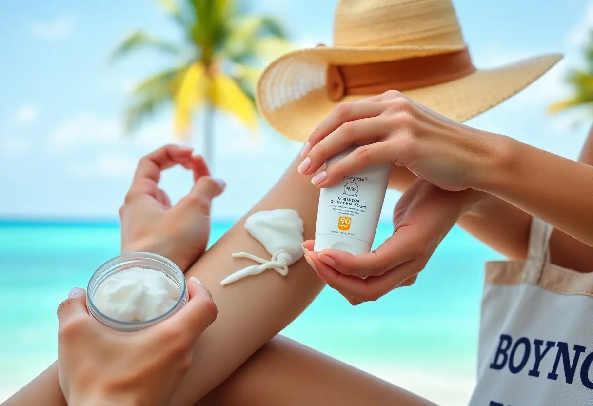 Woman applying sunscreen lotion to her leg at the beach, with a jar of cream in the foreground and a sun hat nearby on turquoise water backdrop.