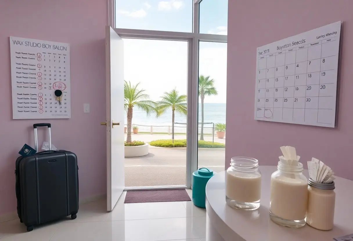 Pastel pink salon interior with a black suitcase by the open door, calendars on the walls, and jars on a counter; view of palm trees and the sea outside.