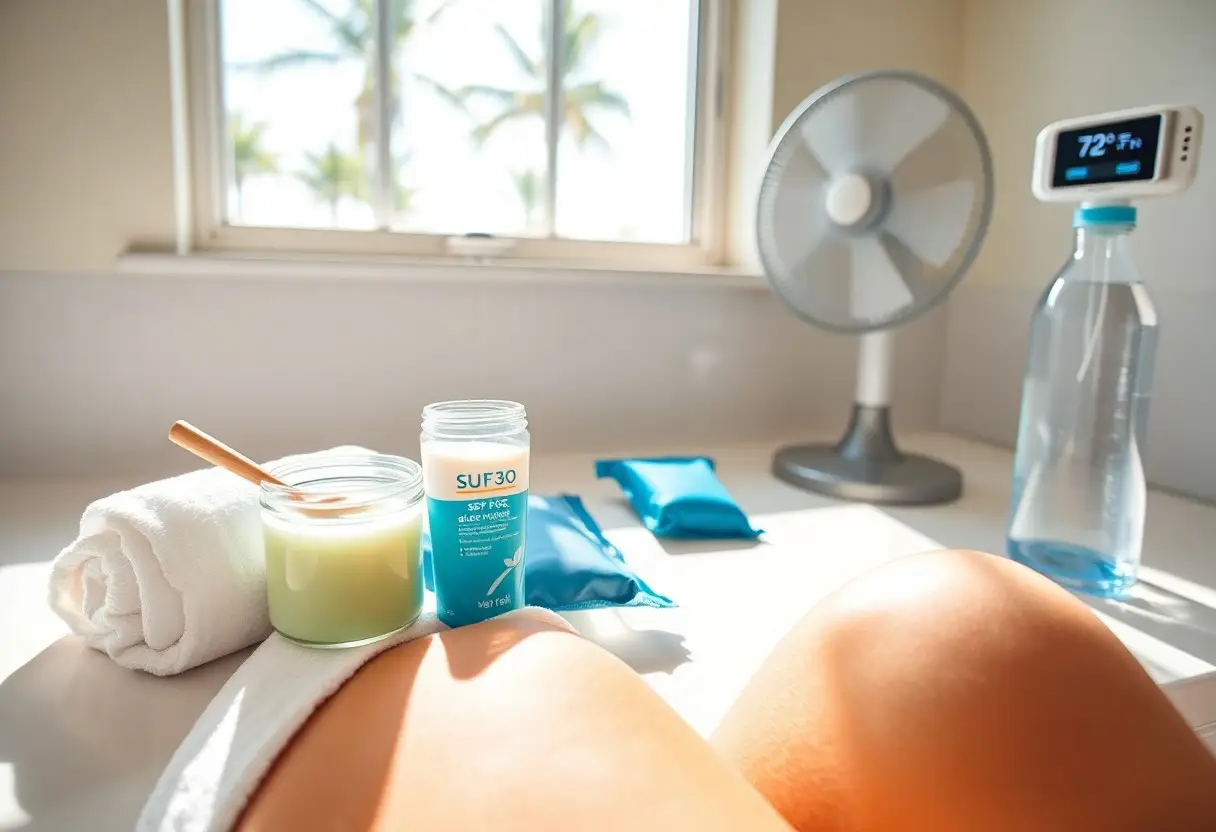 Spa treatment setup: rolled towel, candle, jar of cream or balm, blue sachets, water bottle, and a desk fan in a sunlit room by a window.
