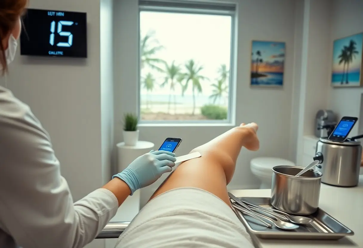 Healthcare professional wearing gloves places a treatment patch on a patient’s leg in a clinic, with a 15-minute timer on the wall and a sunny window view outside.