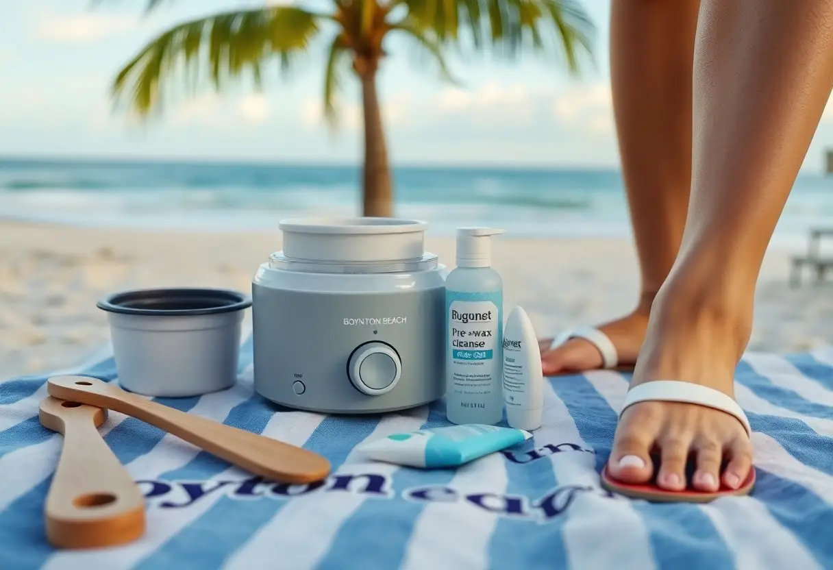 Beach setup with a wax warmer, waxing supplies, and wooden spatulas on a striped towel near a person’s sandal-clad foot by the ocean.