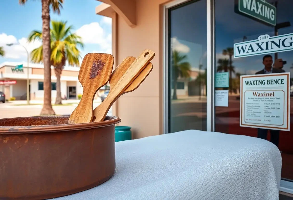 Wooden spatulas in a rusted pot on a white table outside a waxing shop storefront with signs in the window