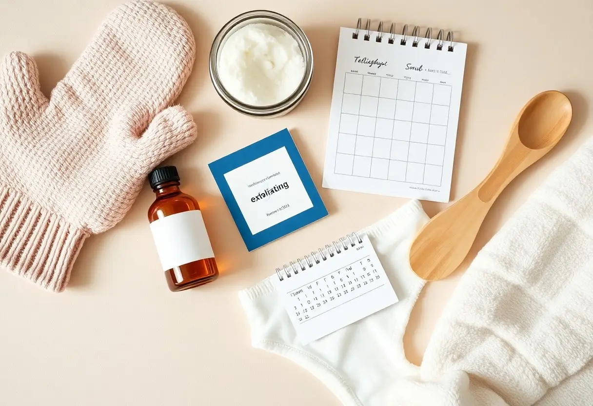 Flat lay of skincare items: pink knit glove, jar of cream, amber bottle, blue exfoliation card, mini calendar, wooden scoop, and white towel.