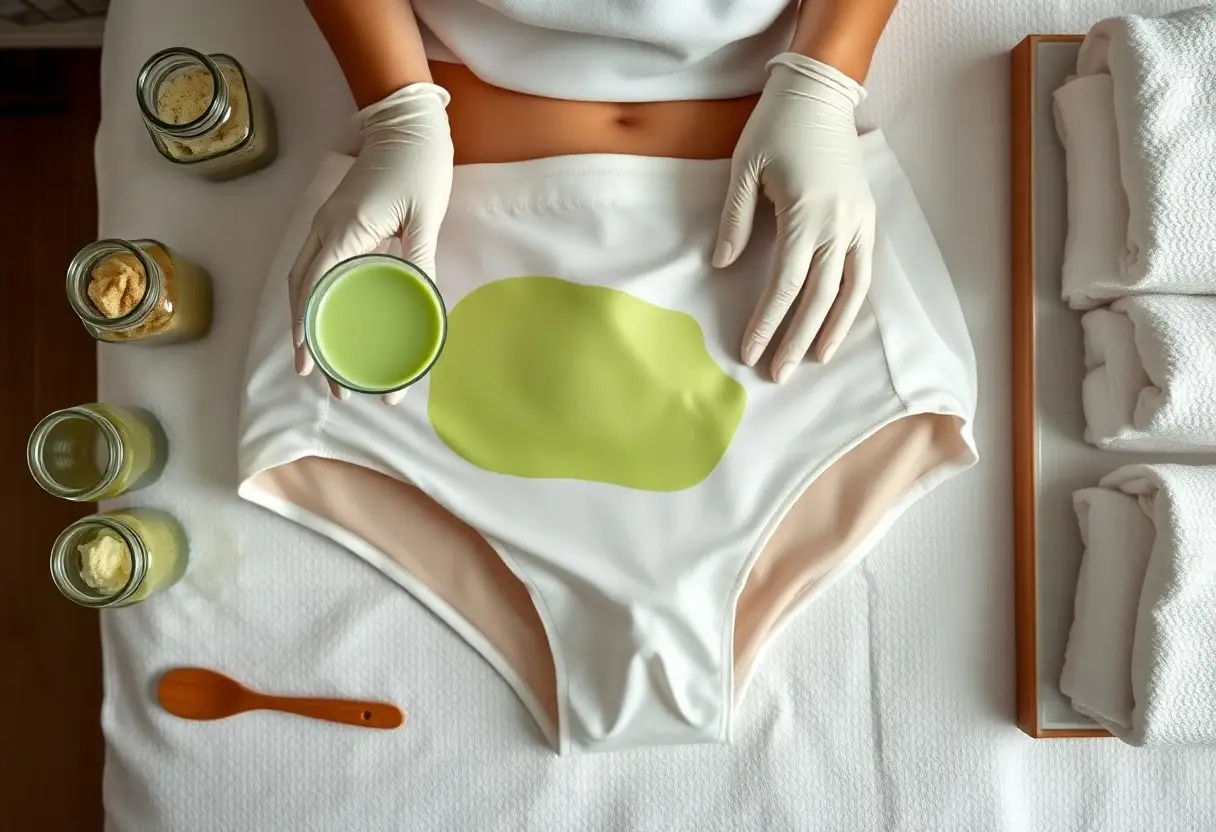 Professional waxing session: gloved hands apply lime-green wax to a white underwear bikini area, with wax jars, spoon and towels nearby.