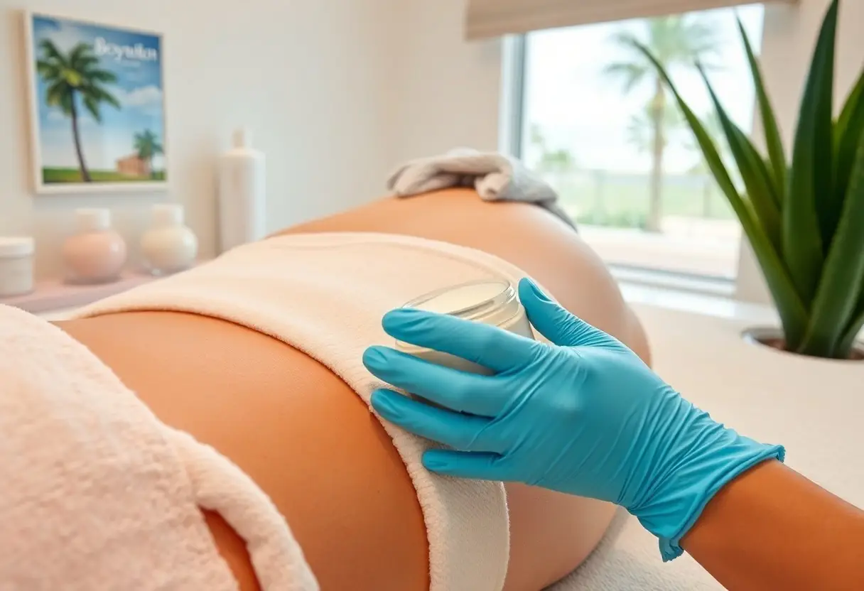Therapist in blue gloves applying cream on a client's back during a spa treatment.