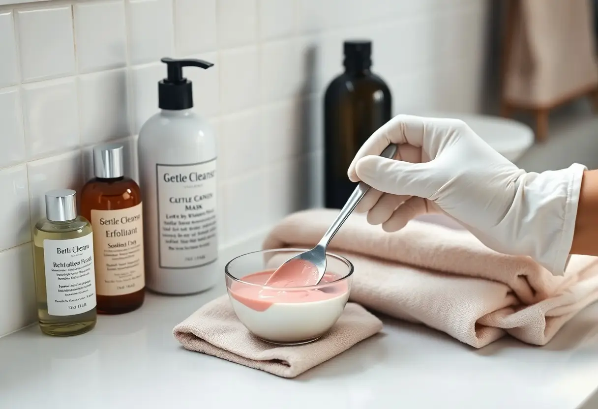 Gloved hand stirring a pink facial mask in a glass bowl on a bathroom counter with skincare bottles nearby.