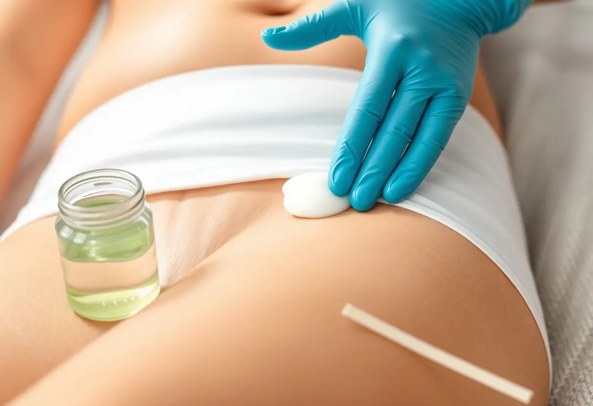 Gloved hand places a small white patch on a person’s bare abdomen during a treatment, with a jar of liquid and a swab nearby.