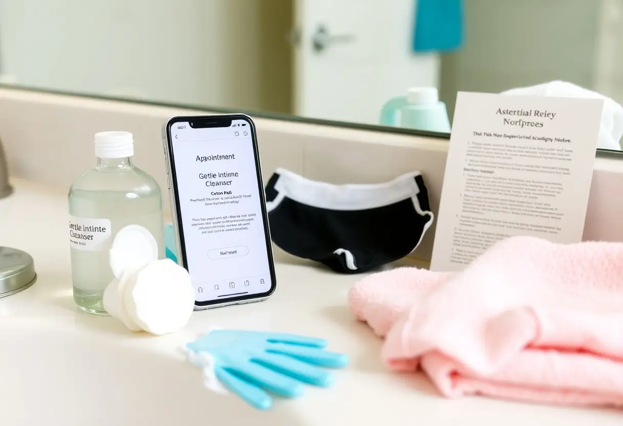 Bathroom counter with a cleanser bottle, a smartphone showing a product page, a black face mask, blue gloves, a pink towel, and a white washcloth.