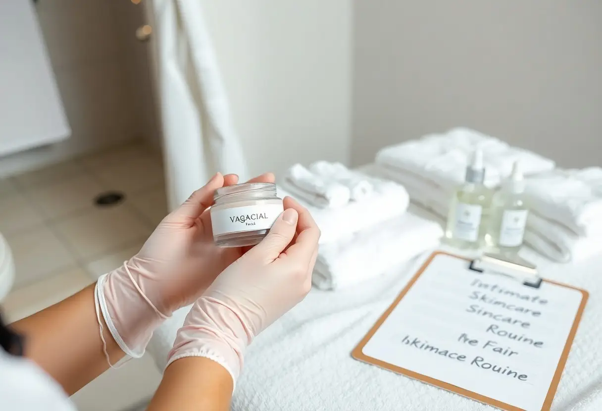 Hands wearing disposable gloves hold a small jar labeled 'VAGACIAL' in a bright spa-like room with folded towels and skincare bottles nearby.