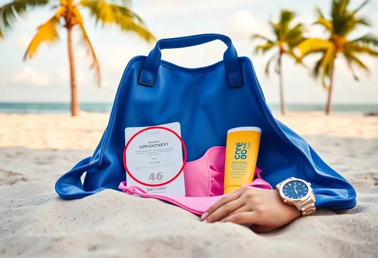 Blue tote bag on the sand opened to reveal a pink swimsuit, yellow sunscreen bottle, an appointment card, and a wristwatch nearby on a sunny beach.