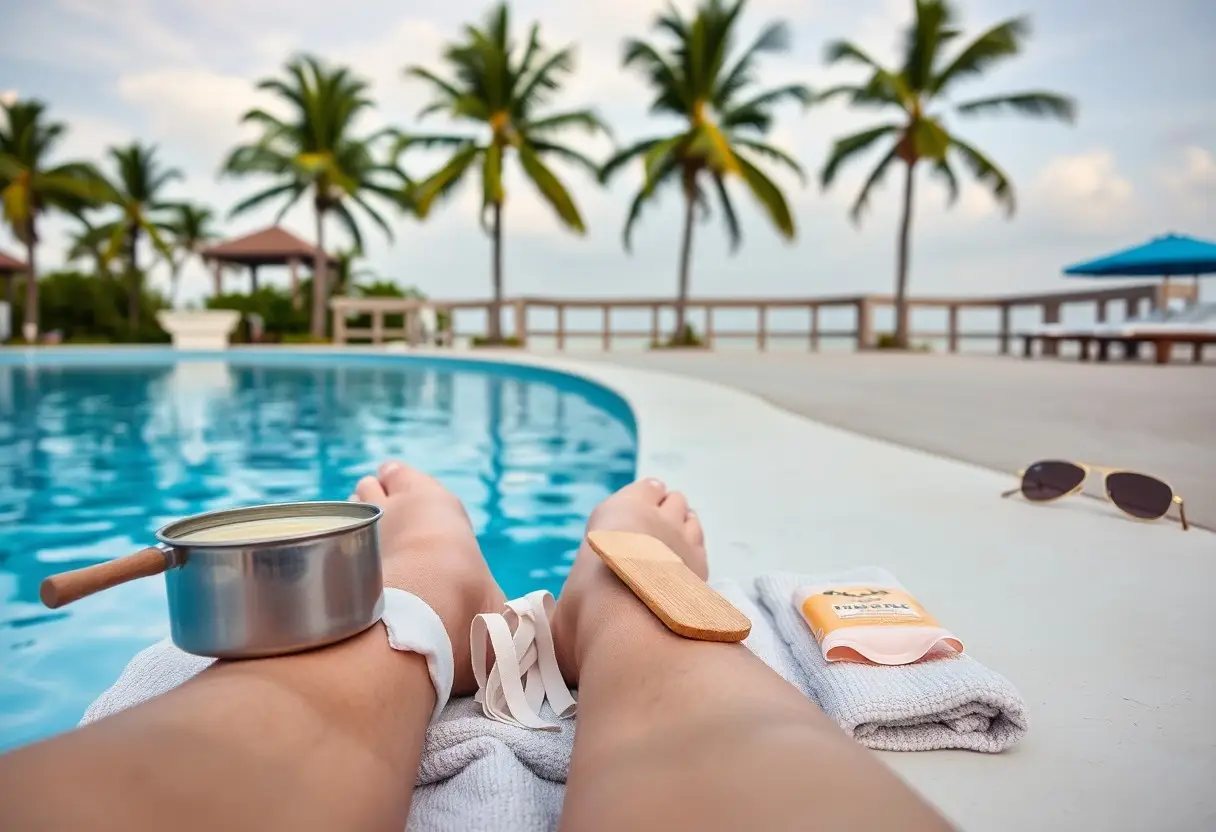 Person relaxing by a pool with sunscreen, towel, sunglasses, and a small metal pot nearby at the feet; palm trees in the background.