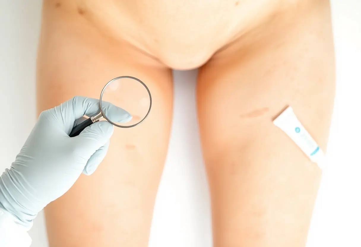 Healthcare professional wearing gloves uses a magnifying glass to inspect skin on a person's inner thigh; a bandage is on the thigh near the knee.