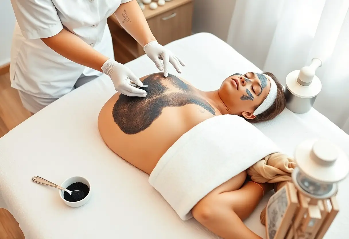Client lying on a spa table as a therapist applies a charcoal body mask to her torso with gloved hands.