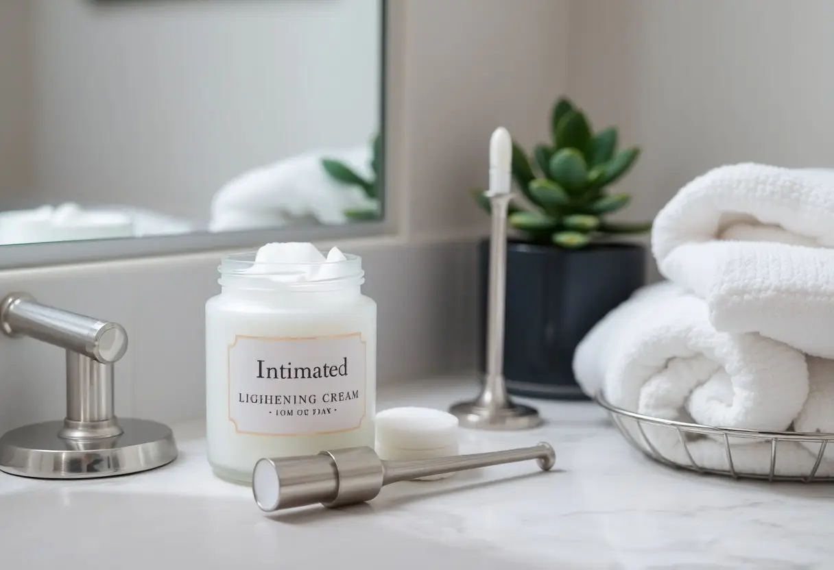 Open jar labeled Intimated Lichening Cream with cotton pads on a marble bathroom counter, beside a silver faucet and folded white towels.