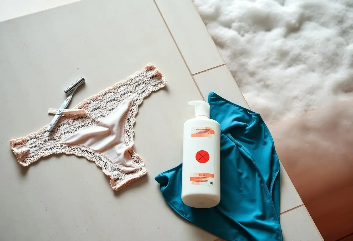 Lace underwear, a disposable razor, a white lotion bottle with a red warning label, and a teal fabric item laid on a light tiled surface.