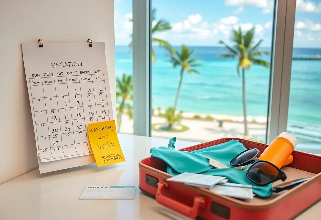Open red suitcase on a white desk with turquoise clothing, sunglasses, and sunscreen, ocean view through a window in the background.