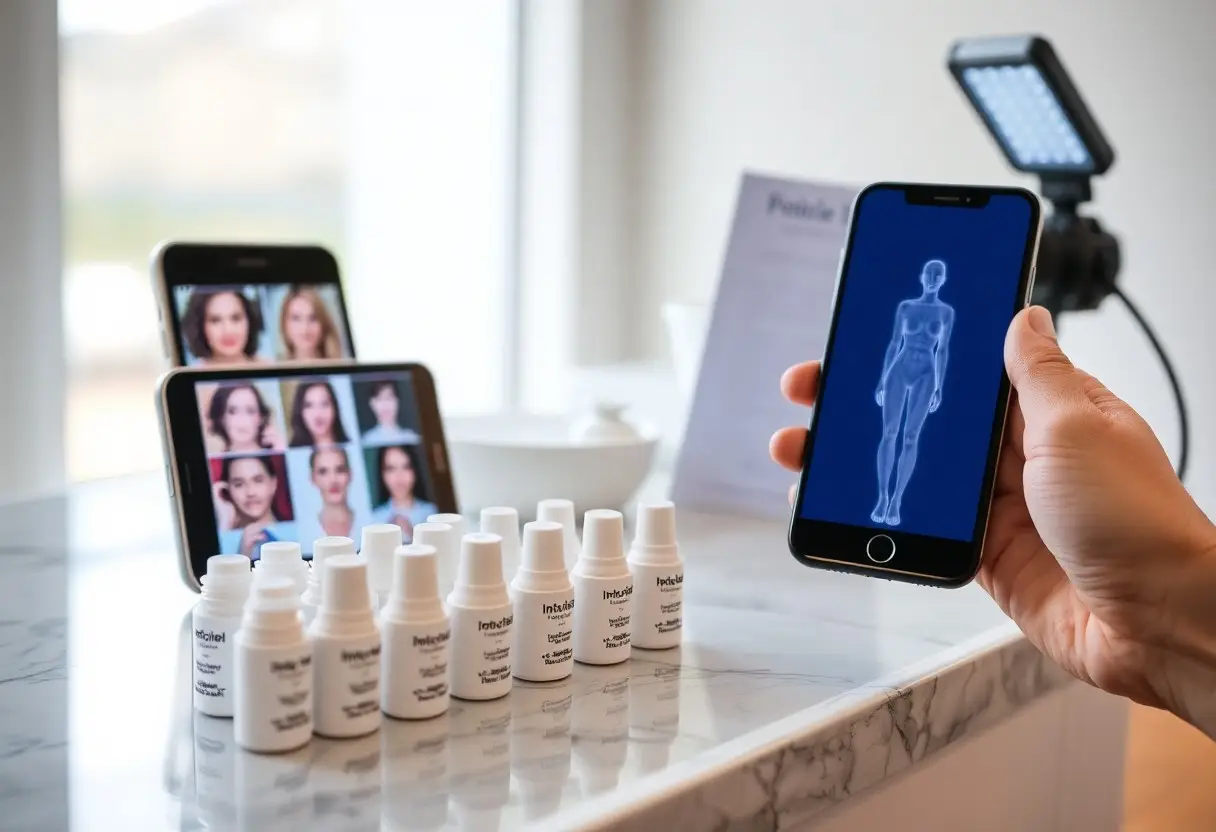 Smartphone screen shows a blue digital human figure while a hand holds it beside skincare bottles on a marble counter.