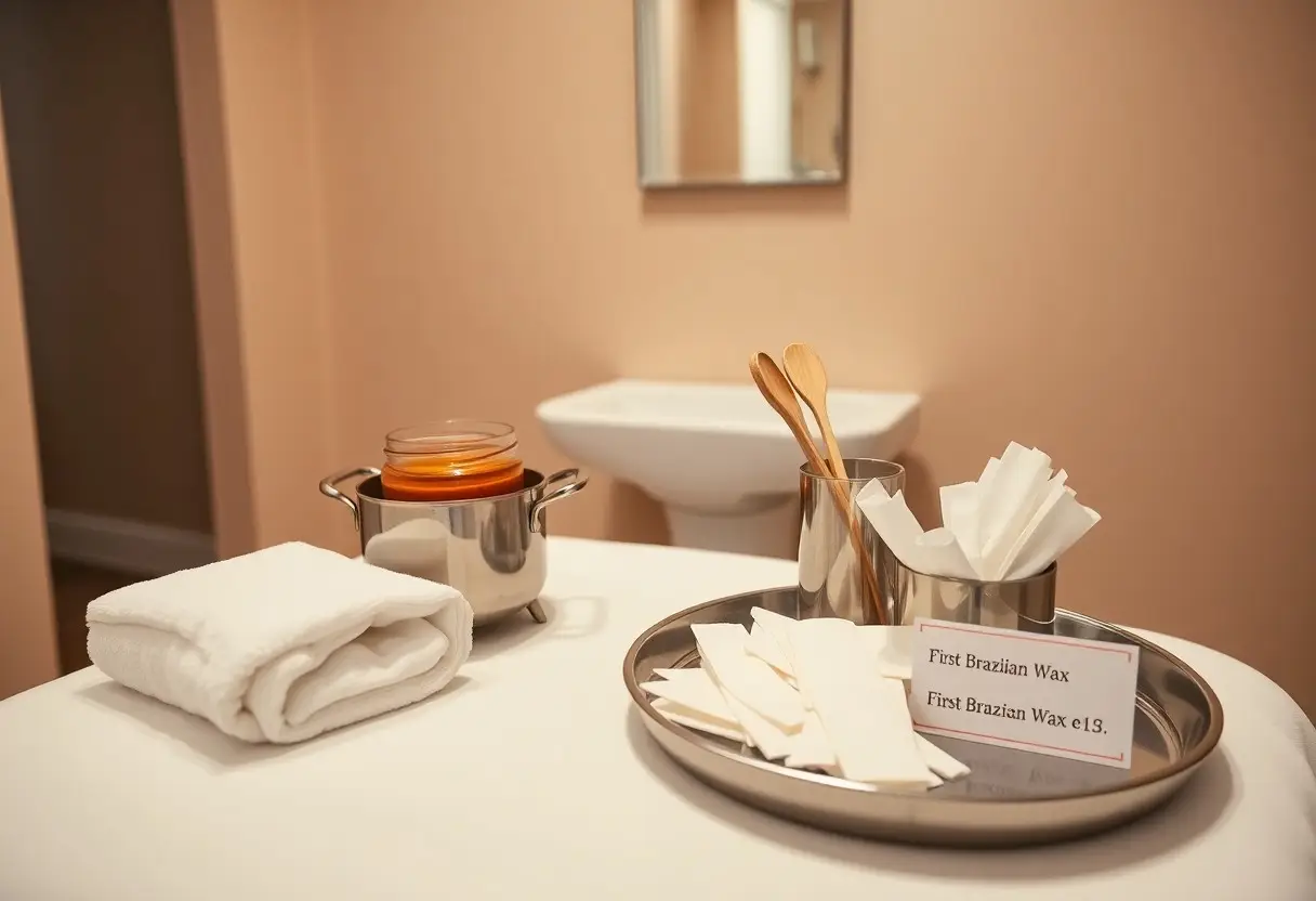 Spa waxing station with a metal wax pot, rolled white towels, wooden spatulas, and disposable wipes on a tray; price card for First Brazilian Wax €19.
