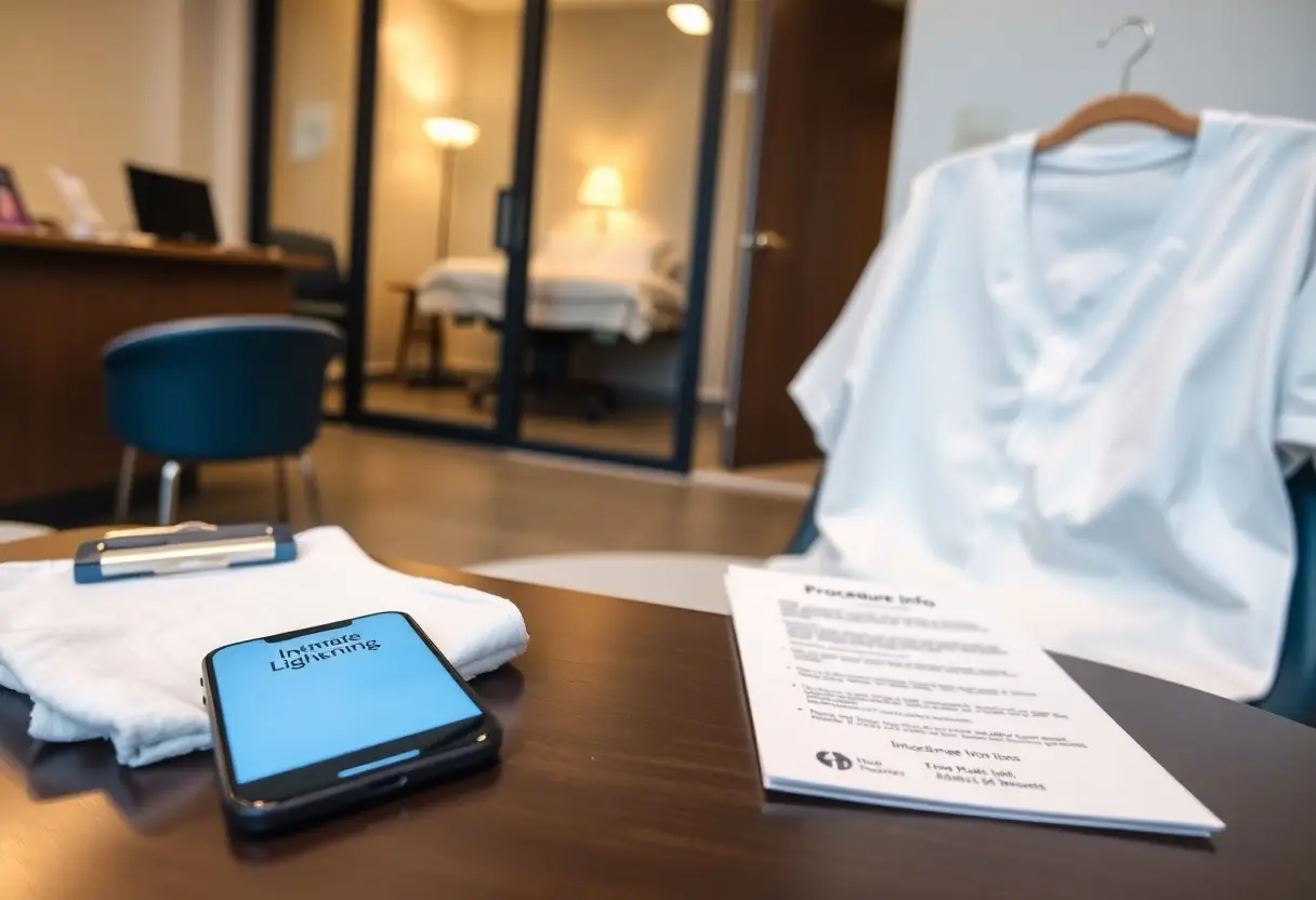 Clinic reception area with a smartphone on a white towel, a light-blue patient gown on a hanger, and a clipboard with forms on a dark table; patient room visible through glass doors in the background.