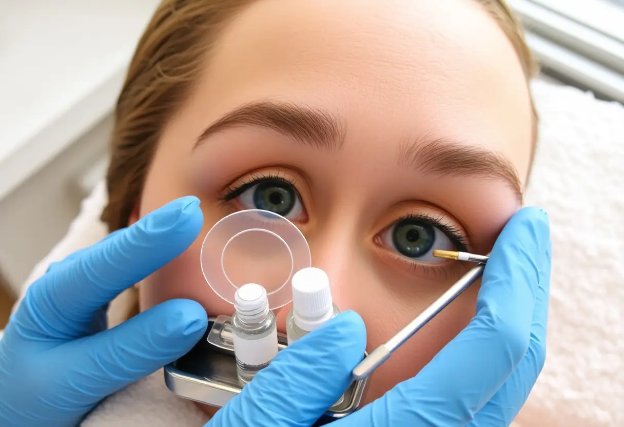 Close-up of an eye treatment being performed: gloved hands hold eye-care tools near the patient’s eye with a contact lens case in view.