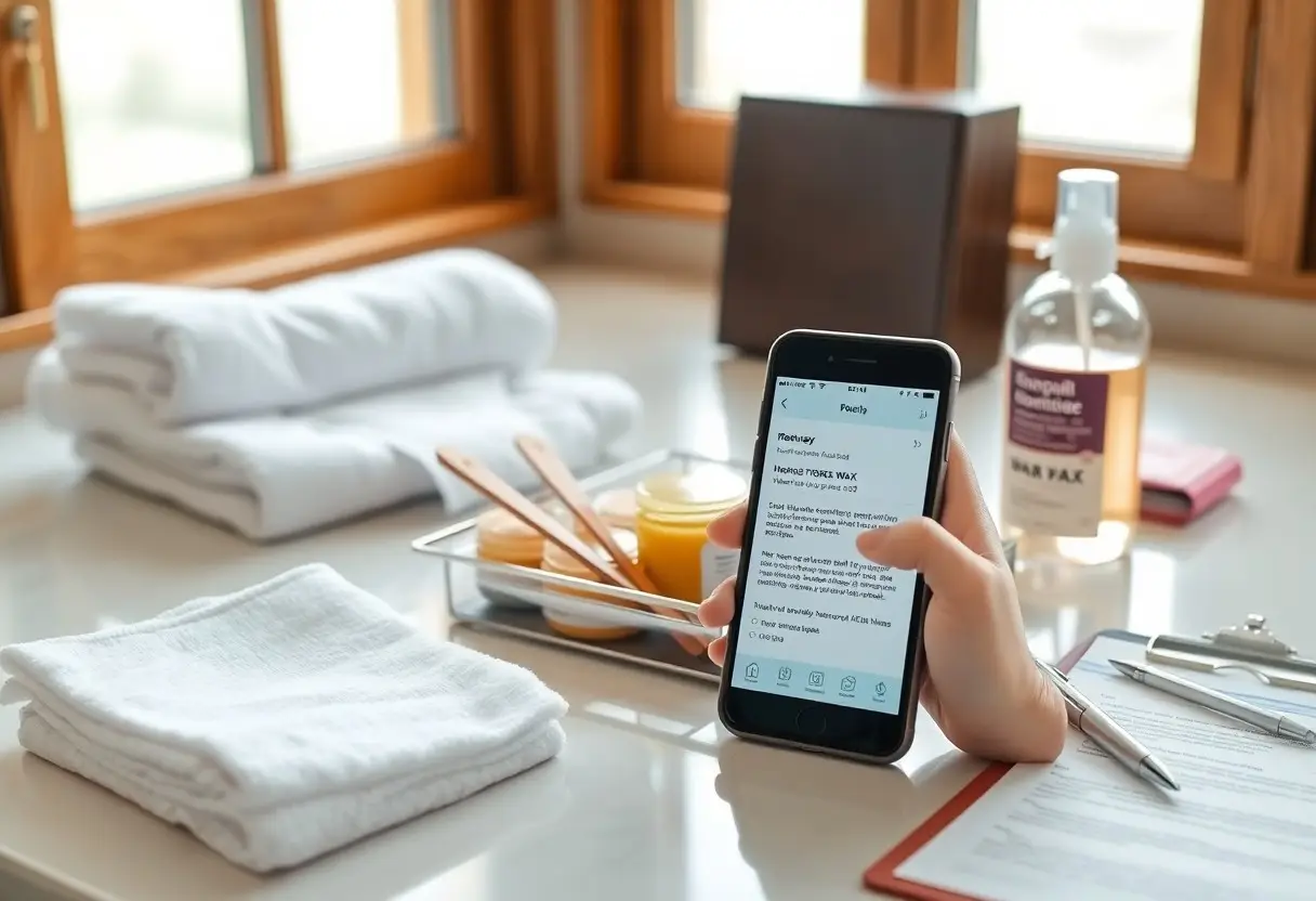 Person holds a smartphone showing a skincare app on a bathroom counter with white towels and a tray of jars nearby.