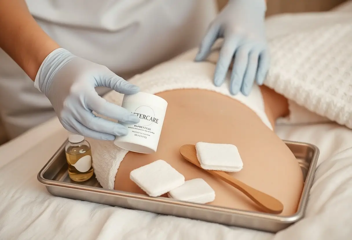 Gloved hands pour lotion beside a pregnant belly on a spa tray with cotton pads and small towels.