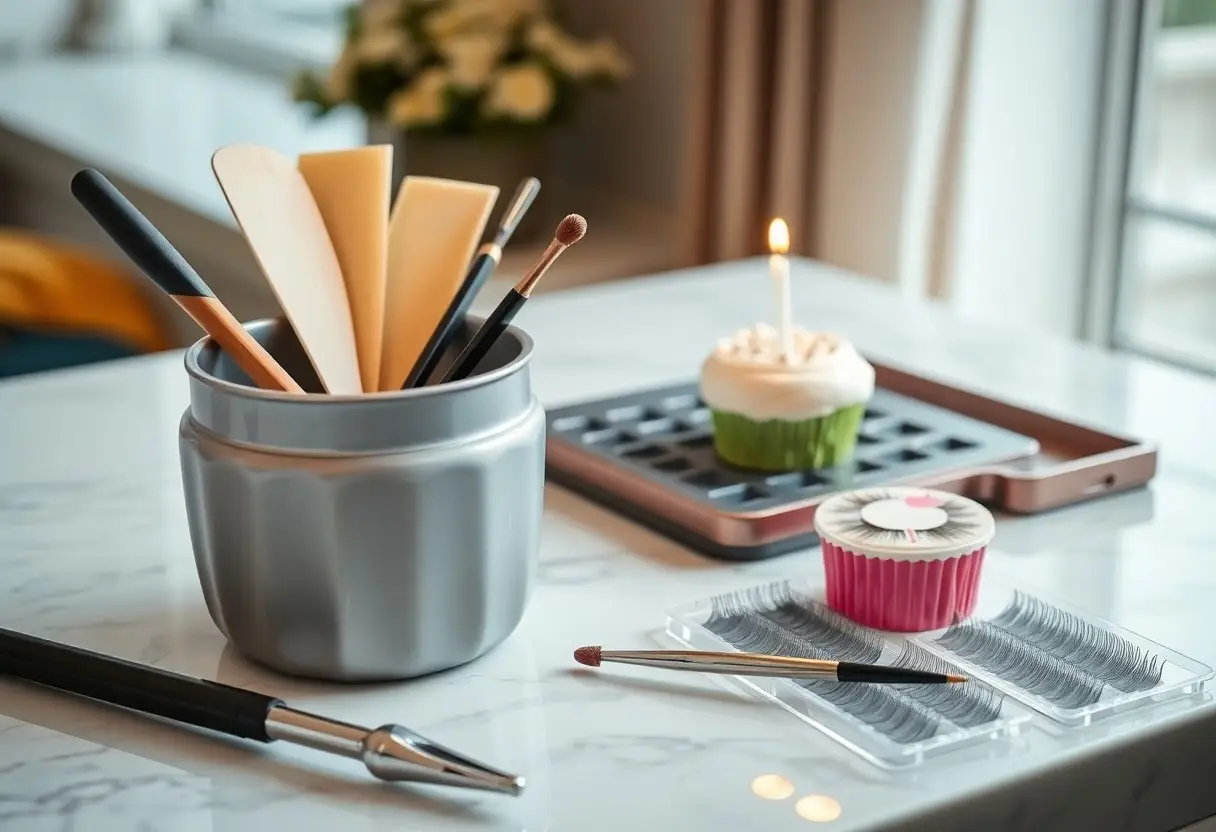 Makeup brushes in a gray metal pot with false eyelashes and a lit cupcake on a tray on a marble counter