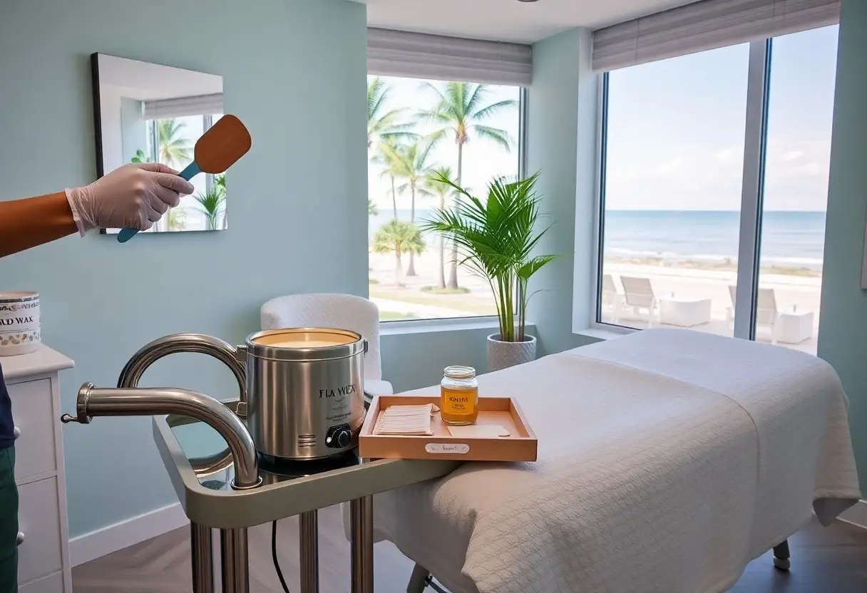 Spa treatment room by the beach with a massage bed, a stainless waxing pot on a cart, and a gloved hand holding a spatula.