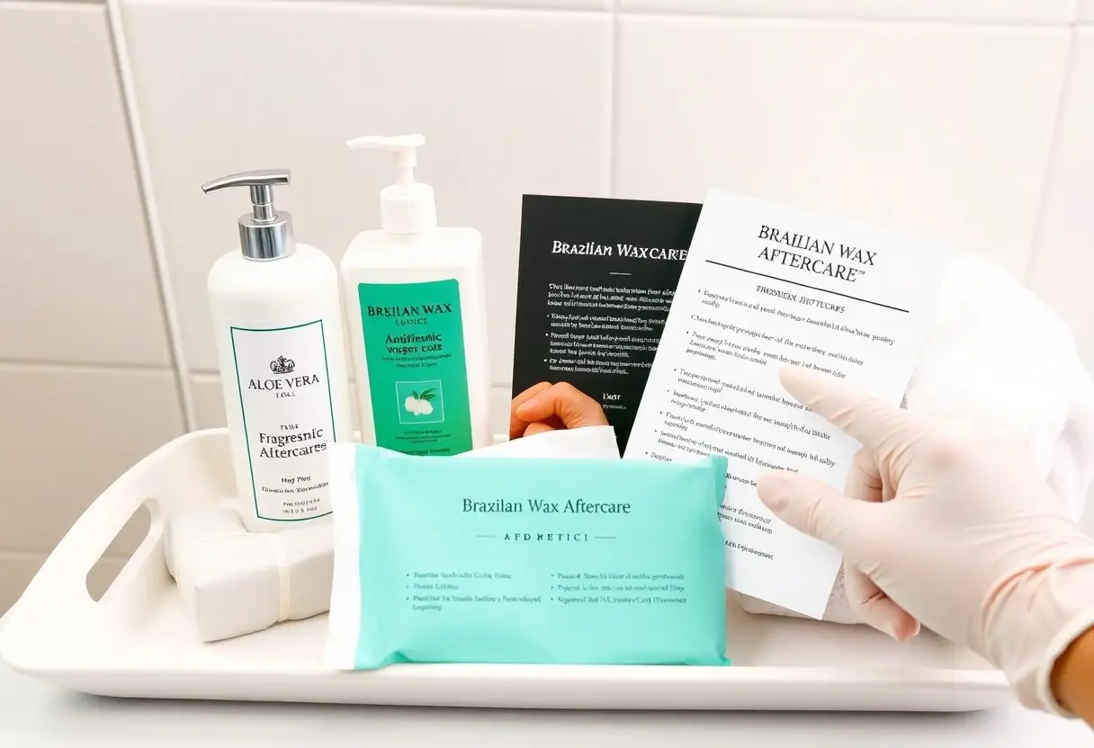 Tray with Brazilian Wax Aftercare products: bottle of Aloe Vera gel, antiseptic liquid, turquoise aftercare wipe pack, and instruction sheets held by gloved hand.