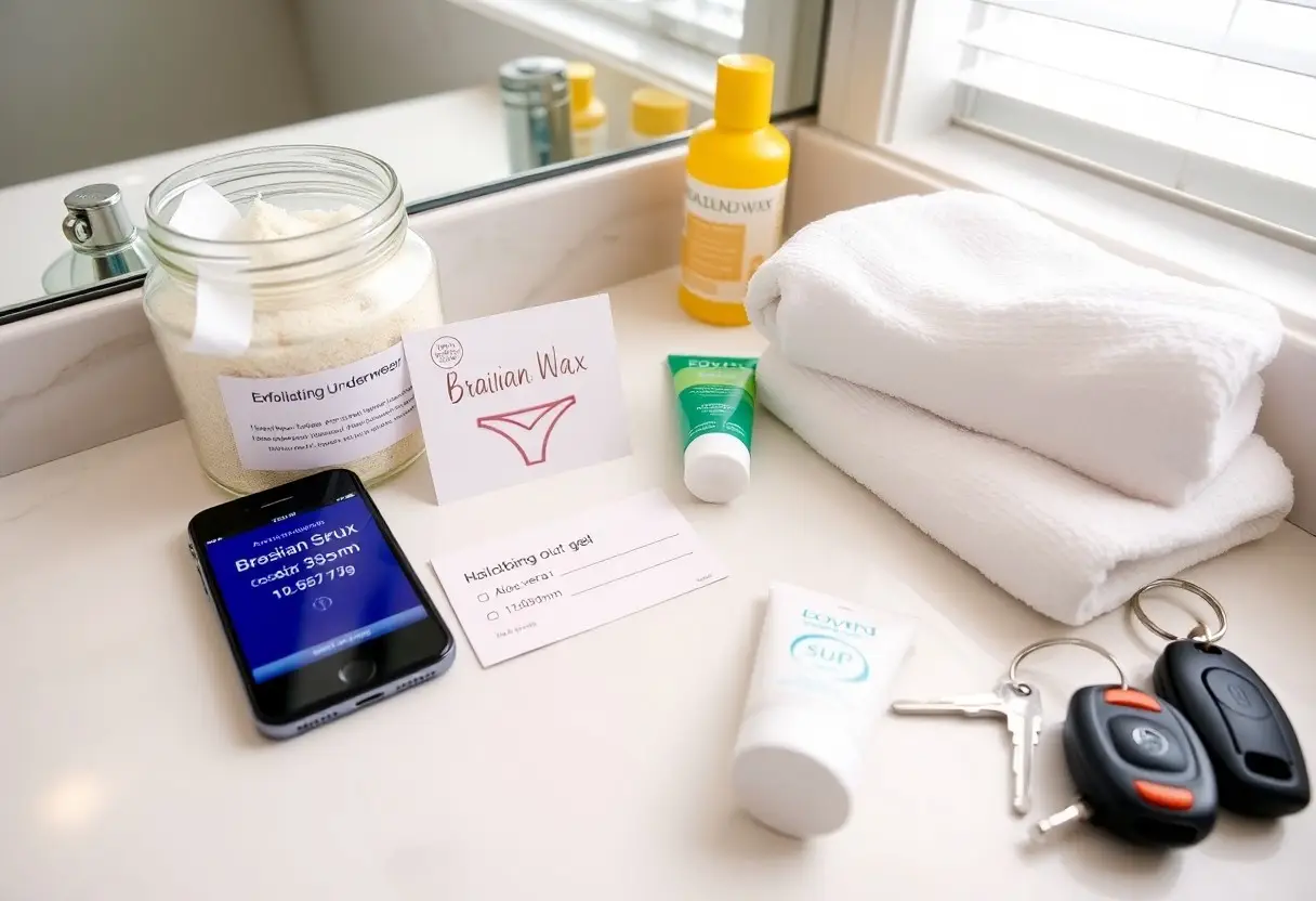 Vanity counter with Brazilian wax supplies, a jar of exfoliating powder, small product card, towels, lotion, phone, and keys.