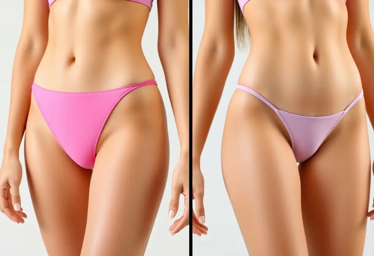 Side-by-side shot of a woman's abdomen and hips in pink and lavender bikini bottoms.