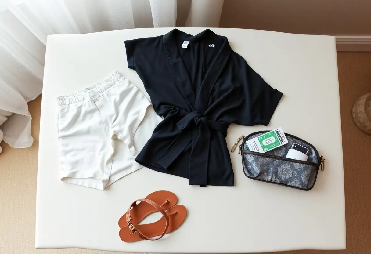 Flat lay of a black wrap blouse, white shorts, brown sandals, and a small patterned clutch with items inside.