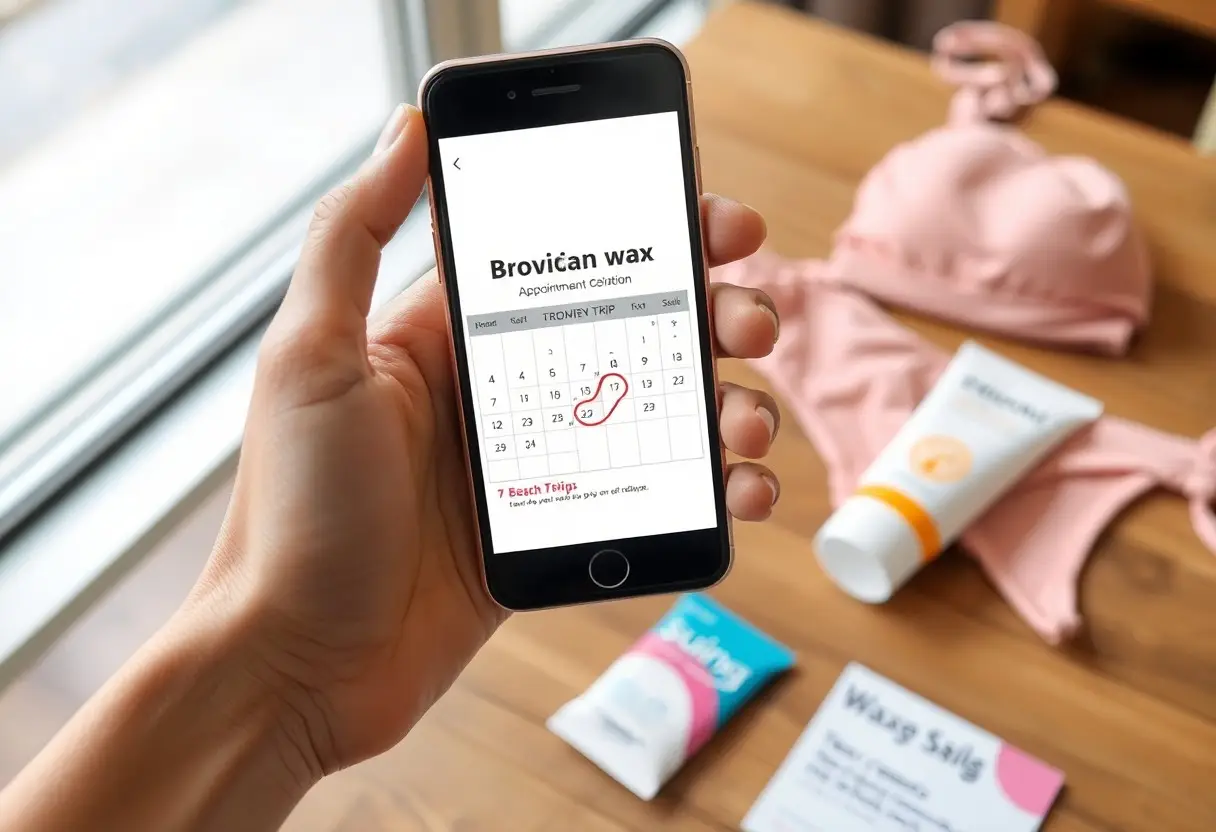 Hand holding a phone showing a calendar for a Brovican wax appointment, date circled